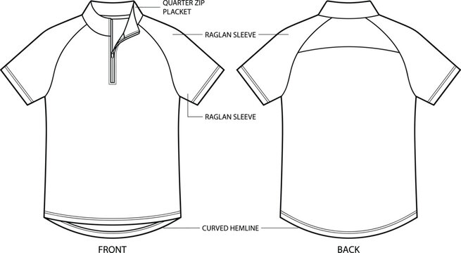 Technical flat sketch of short sleeve quarter zip shirt with raglan sleeves and curved hemline for apparel design illustration