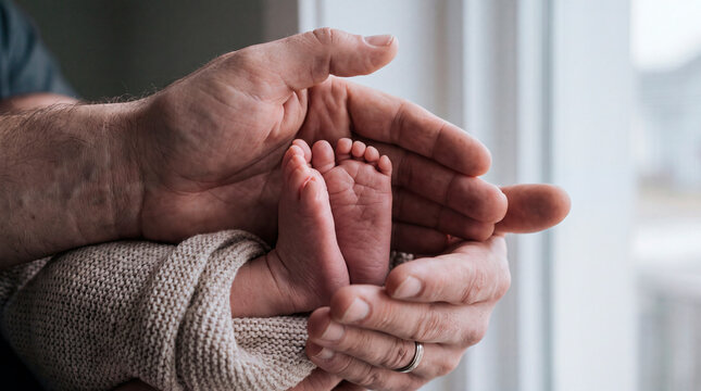 Parents gently cradling their newborn baby's tiny feet in protective hands at home