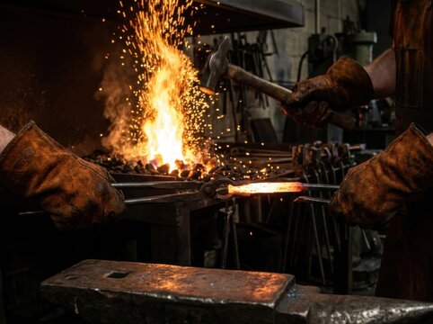 Blacksmith forging hot glowing metal with a hammer and tongs in a traditional workshop with sparks flying from the coal forge