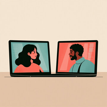 Virtual meeting illustration with smiling woman and man appearing inside separate laptop screens on warm background