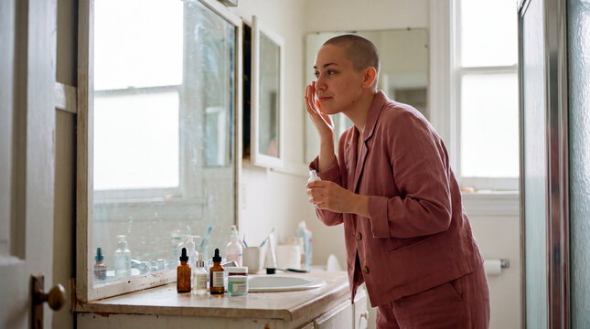 Young woman with a shaved head applying skincare serum during her recovery routine