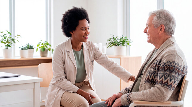 Compassionate doctor comforting a smiling senior patient with a reassuring touch