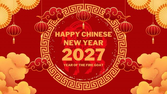 Happy Chinese New Year 2027 Fire Goat animation with lanterns fans clouds gold patterns on red festive background loop