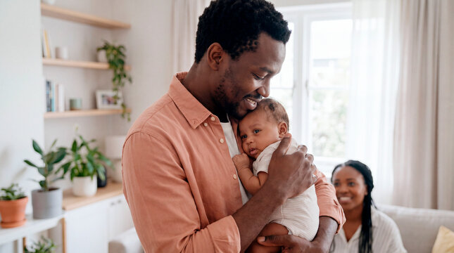 Joyful father embracing his newborn baby while the mother watches happily