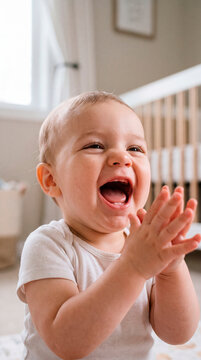 Happy baby clapping hands and laughing joyfully inside a bright nursery room