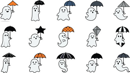 Obraz premium Cute cartoon ghost collection with umbrellas, halloween icons set, spooktacular characters, spooky holiday symbols, kawaii spirits with accessories isolated on White Background Halloween