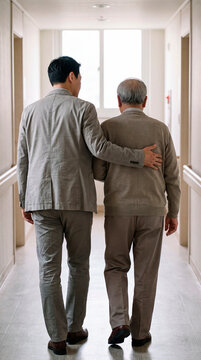 Adult son supporting his elderly father while walking together down a bright hallway
