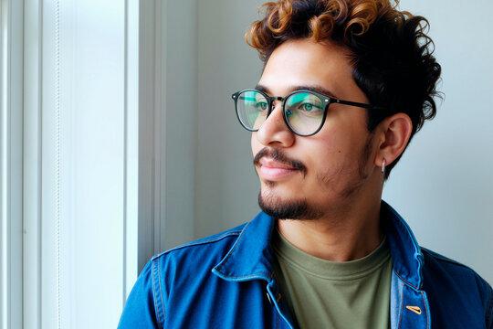 Portrait of young adult Hispanic man looking away near window, reflecting on future plans and career direction. Ideal for personal growth, identity, confidence, lifestyle marketing