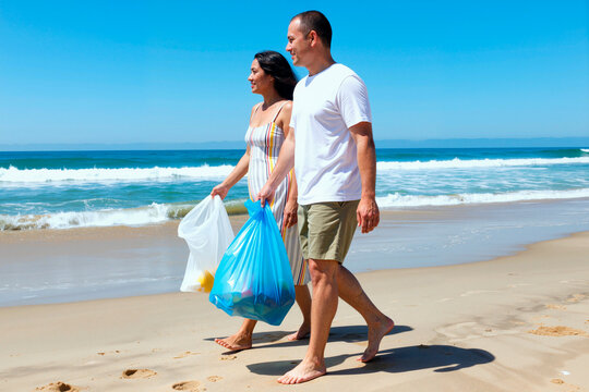Wide shot of Asian young adult couple walking along shoreline carrying trash bags, supporting beach cleanup and sustainability. Ideal for environmental campaign, volunteer promotion