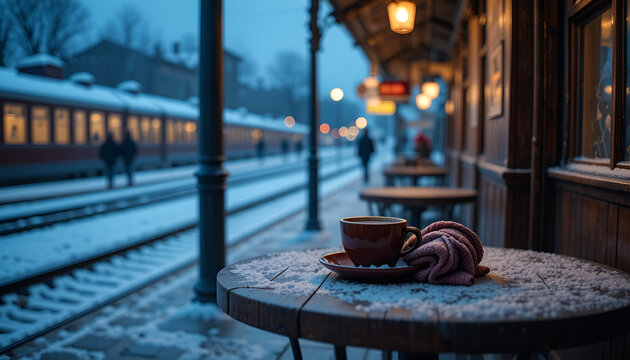 Cozy caf&eacute; on a snowy evening train station with a cup of coffee and a scarf