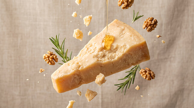 Parmesan cheese wedge with dripping honey walnuts and rosemary sprigs floating on a rustic linen background for gourmet food concept