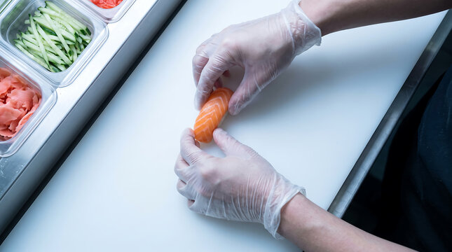 Chef wearing plastic gloves shaping fresh salmon nigiri sushi by hand at a prep station with pickled ginger and cucumber nearby