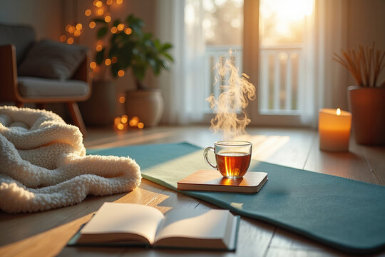 Create a Tranquil Indoor Oasis: A Cozy Space with a Warm Yoga Mat, Steaming Hot Water Bottle, and Soothing Herbal Tea