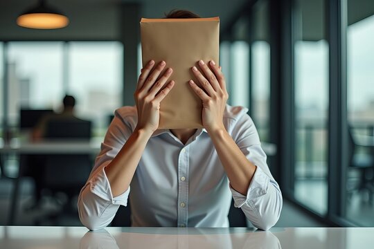 Intimate Portrait of a Stressed Professional at a Modern Desk, Clutching a Brown Paper Bag to Their Face in Warm, Inviting Light