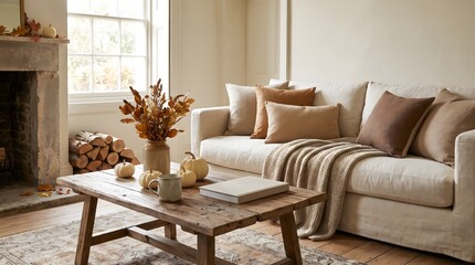 Obraz premium Autumn Living Room with Fireplace and Rustic Coffee Table