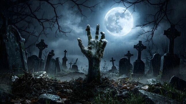 A spooky graveyard scene under a glowing full moon featuring a creepy zombie hand rising from the ground perfect for a dark halloween wallpaper design