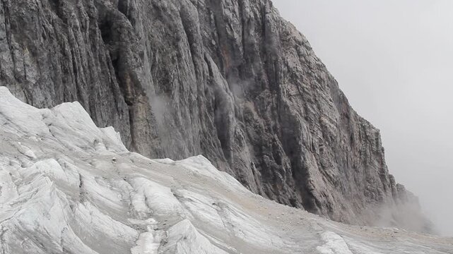 Melting glacier on rocky mountain in China due to global warming