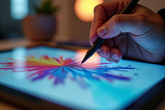 Close-Up of a Digital Artist's Hand with Stylus Above a Vibrant Tablet Artwork, Featuring a Semi-Transparent Watermark to Highlight the Fusion