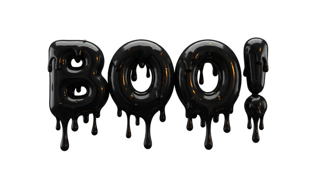 A spooky halloween word art design featuring the text boo rendered in shiny black liquid dripping style isolated on a plain white background surface