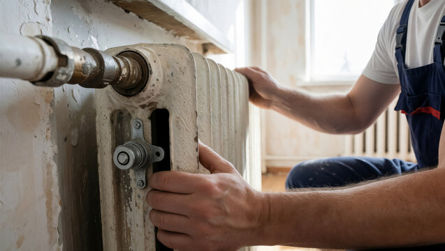 Professional plumber installing a vintage cast iron radiator during home renovation. Close-up of hand repairing a heating system for winter maintenance
