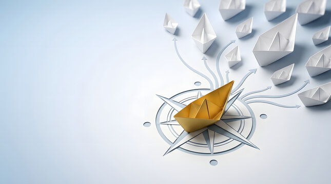 Gold Paper Boat Leading White Paper Boats Across a Compass with Direction Points, Representing Leadership, Strategy, Guidance, and Business Success
