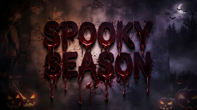 Spooky season text written in a dripping blood font style set against a dark atmospheric background with glowing jack o lanterns and bats