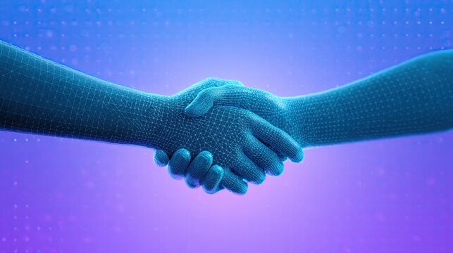 Digital wireframe handshake, virtual partnership and cooperation concept with mesh polygon hands on gradient tech background
