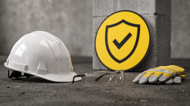 White hard hat, safety goggles, and gloves arranged near a yellow shield badge on a concrete surface