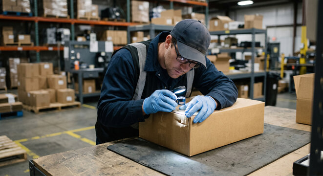 Man in blue gloves inspecting a cardboard box in a busy warehouse.