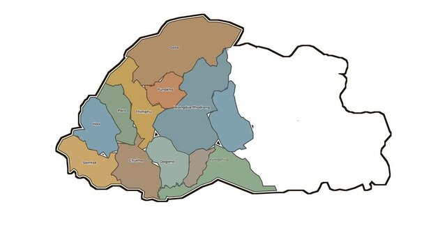 Bhutan districts map with labels, motion graphics of map, map of country