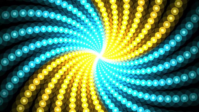 Abstract spiral pattern of glowing blue and yellow dots