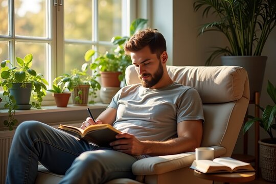 Tranquil Indoor Haven: A Man Relaxing in a Cozy Chair Under Bright Full-Spectrum Light, Surrounded by Plants and Wellness Essentials, Engaged in a Book or Journal