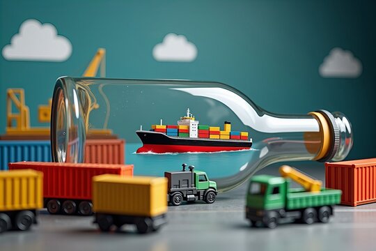 Craft a Creative Still Life of a Glass Bottleneck with Vibrant Toy Ships, Illustrating the Challenges of Global Supply Chain Congestion. Enhance the Composition with Surrounding Elements.