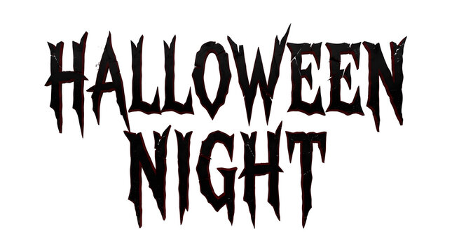 A spooky halloween night text design featuring jagged scary lettering isolated on a plain white background perfect for seasonal holiday party invitation graphics