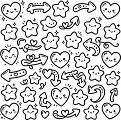 Obraz premium Cute doodle hearts and stars vector illustration with kawaii arrows for romance design and planner stickers decoration
