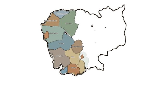 Map of cambodia with highlighted western provinces, motion graphics of map, map of country