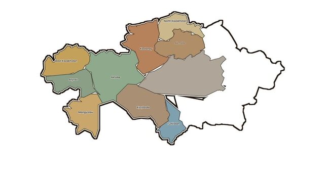 Map of kazakhstan regions with highlighted western provinces, motion graphics of map, map of country