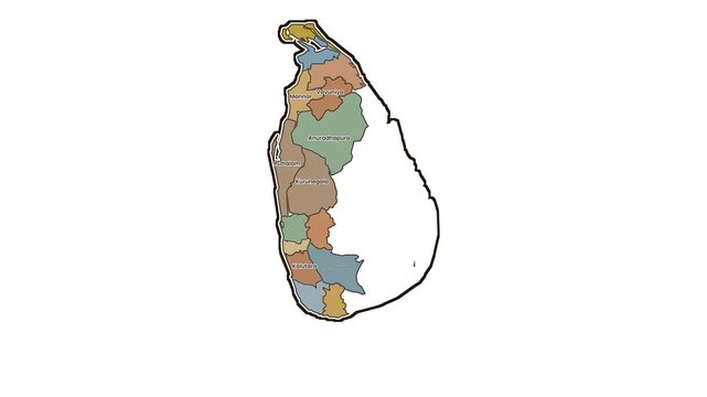Map of sri lanka with highlighted western coastal districts, motion graphics of map, map of country