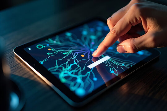 Close-Up of a Hand Above a Tablet Screen Showcasing Vibrant Patterns and Dark Shadows with a Subtle Opt-In Box