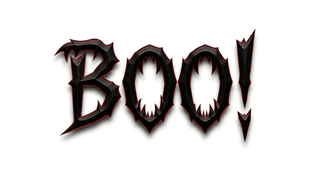 A spooky halloween word art design featuring the word boo written in a sharp gothic horror font with dark black and red colors