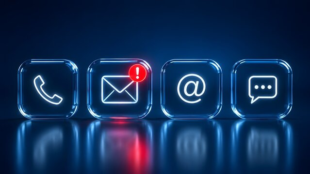 Digital Communication Icons with Urgent Red Email Notification on Glowing Glass Interface
