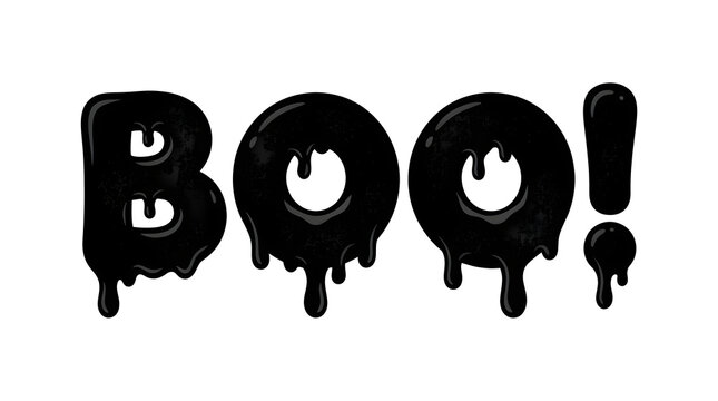 A spooky halloween word art design featuring the text boo written in a dripping black liquid font isolated on a clean white background
