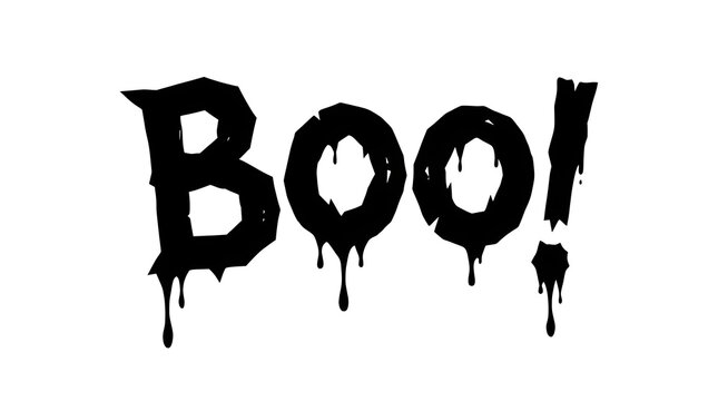 A spooky black and white text graphic featuring the word boo with a dripping paint effect perfect for halloween designs and scary holiday decorations