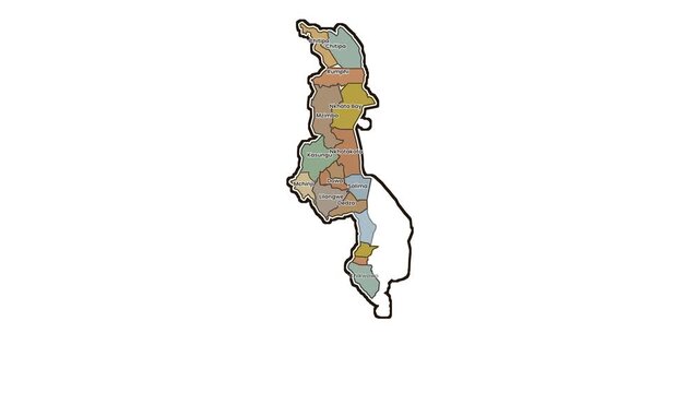 Map of malawi with highlighted districts, motion graphics of map, map of country