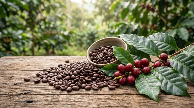 Roasted coffee beans surrounded by coffee leaves and ripe coffee cherries, illustrating sustainable coffee farming, organic agriculture, natural ingredients, and the journey from coffee plant to finis
