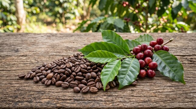 Roasted coffee beans surrounded by coffee leaves and ripe coffee cherries, illustrating sustainable coffee farming, organic agriculture, natural ingredients, and the journey from coffee plant to finis