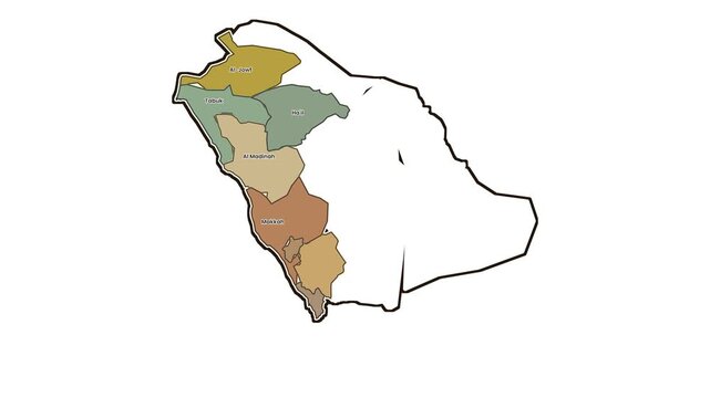 Map of saudi arabia regions highlighted, motion graphics of map, map of country