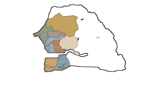 Map of senegal with highlighted regions, motion graphics of map, map of country