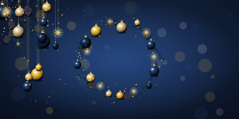 Fototapeta premium Christmas wreath with gold and blue ornaments on a dark blue background christmas background