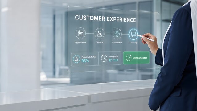 Business professional interacting with a digital interface to improve overall company customer experience and strategy